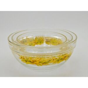 Vintage Yellow Floral Wheat Glass Nesting‎ Bowls Set of 3 Heat Resistant Retro